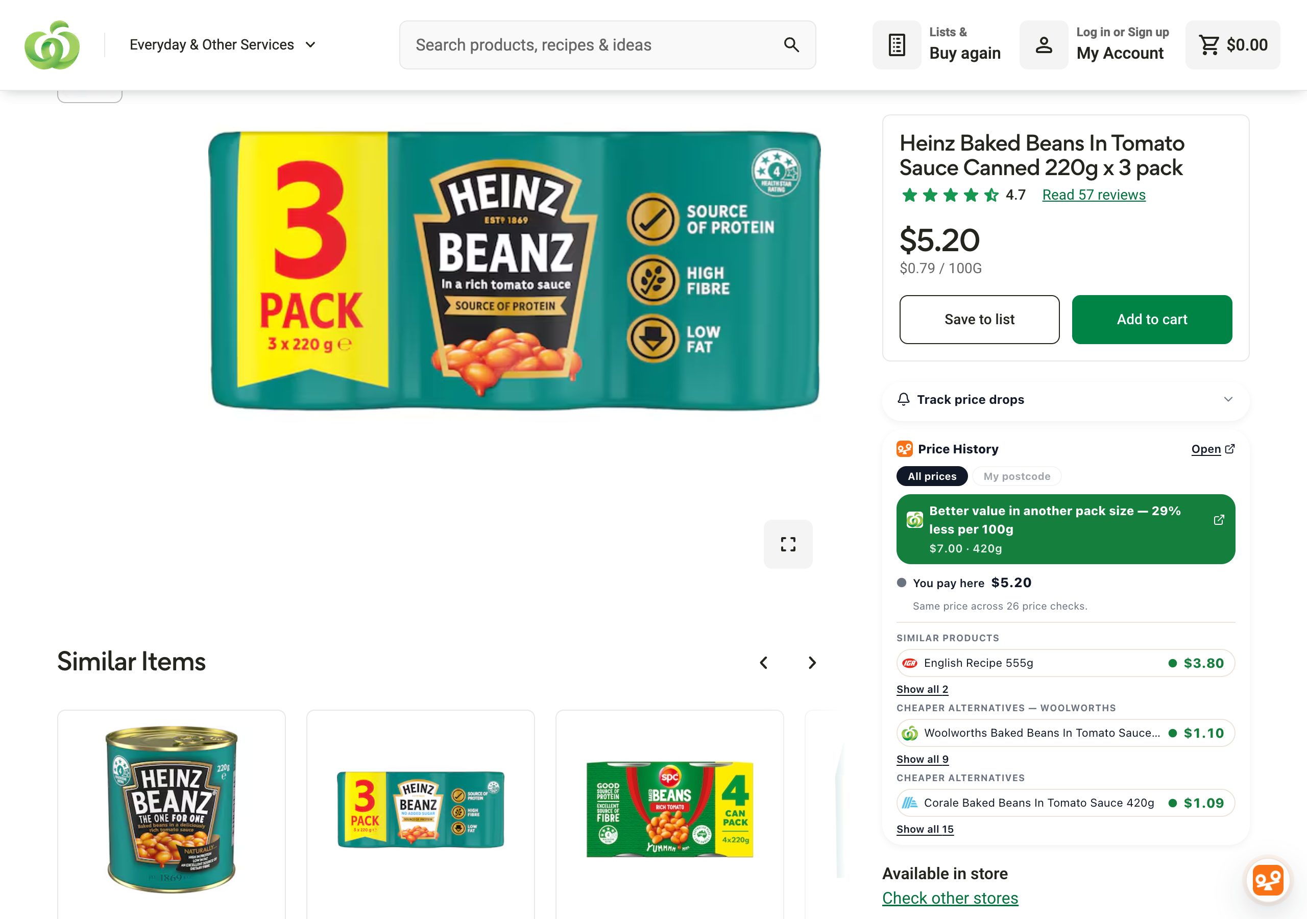 Woolworths product page with the OpenOrder price-history panel under the price